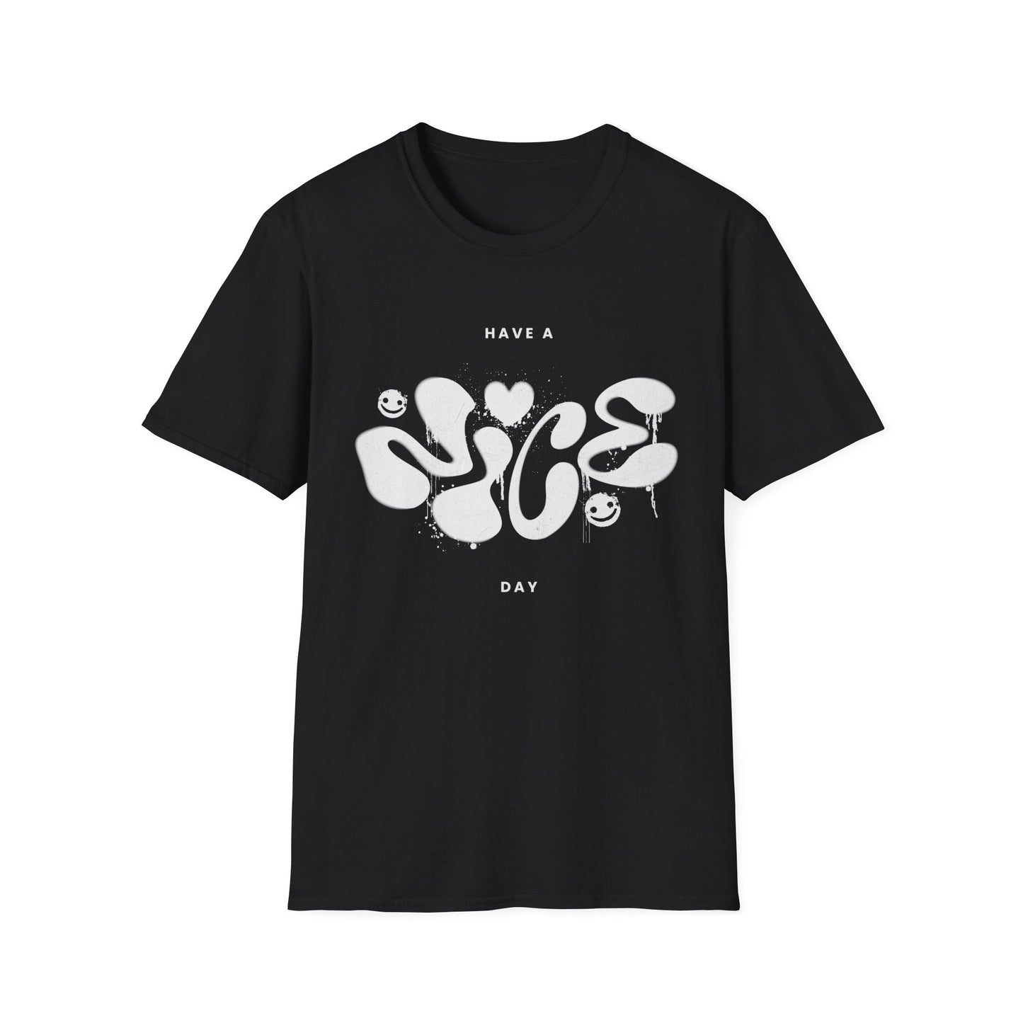 Black t shirt with "Nice" spray painted on a white background.
