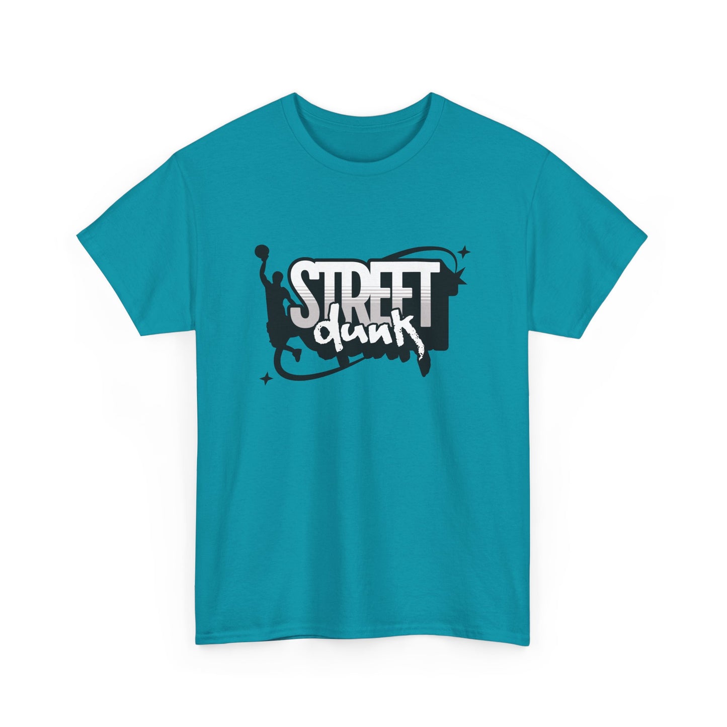 A tropical blue t-shirt with 'Street Dunk' text in black on the front and basketball player graphic.