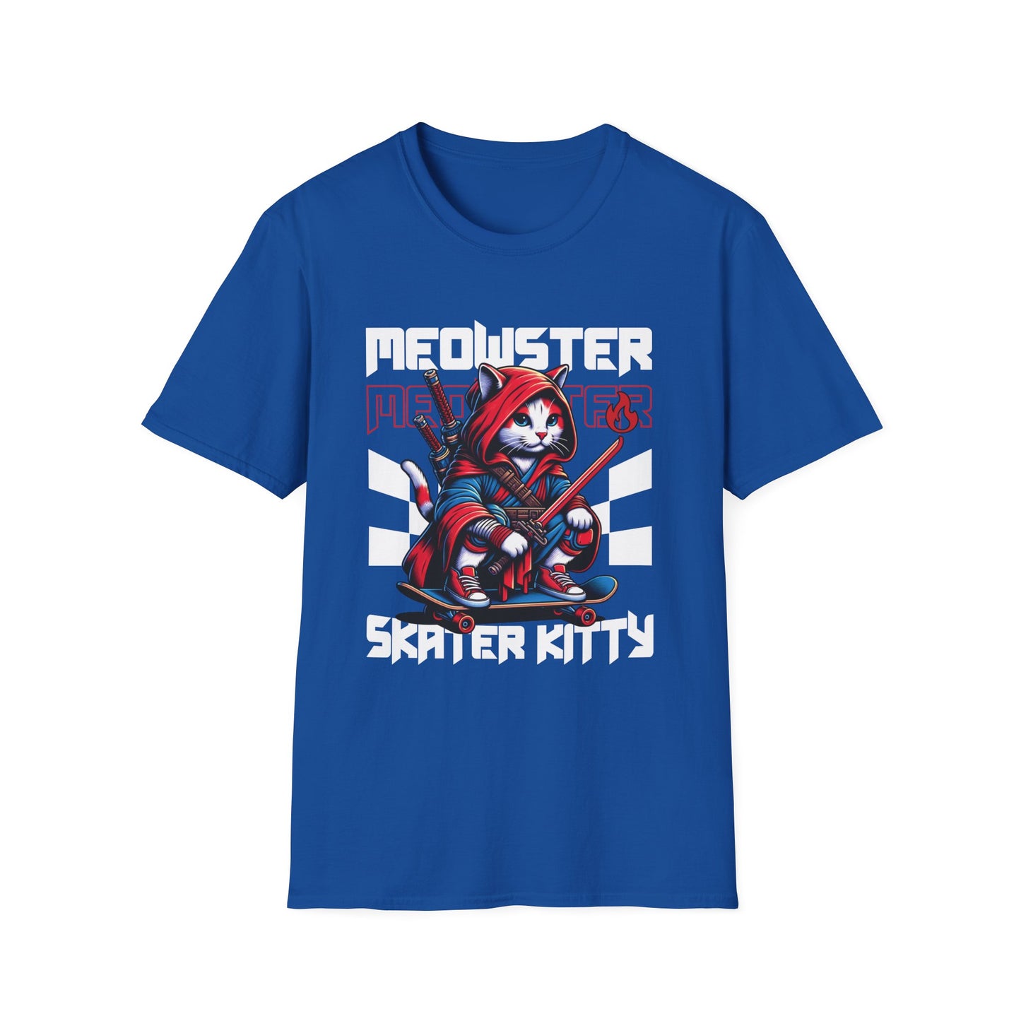 A royal blue Gildan 64000 unisex t-shirt with a samurai cat on a skateboard.