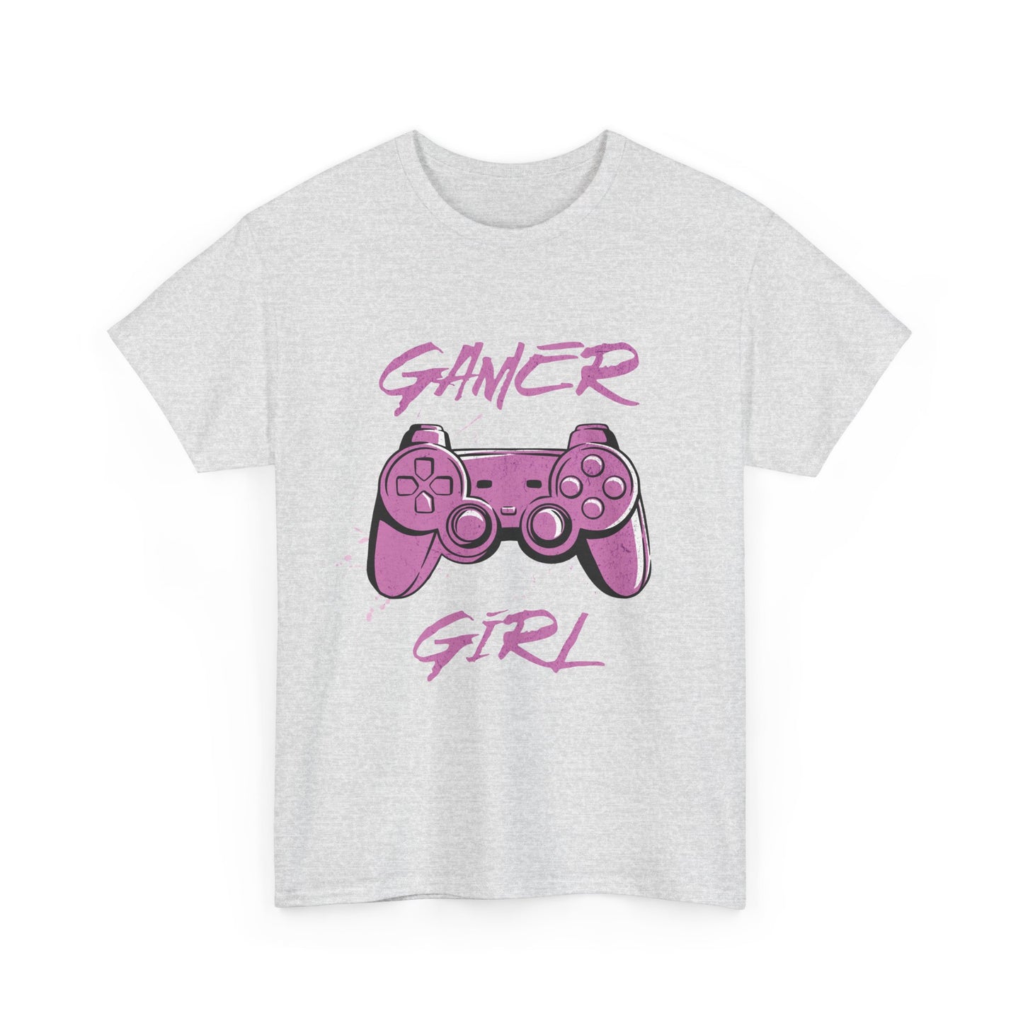 A sport gray t-shirt with the text 'GAMER GIRL' and an illustration of a video game controller in pink on the front.