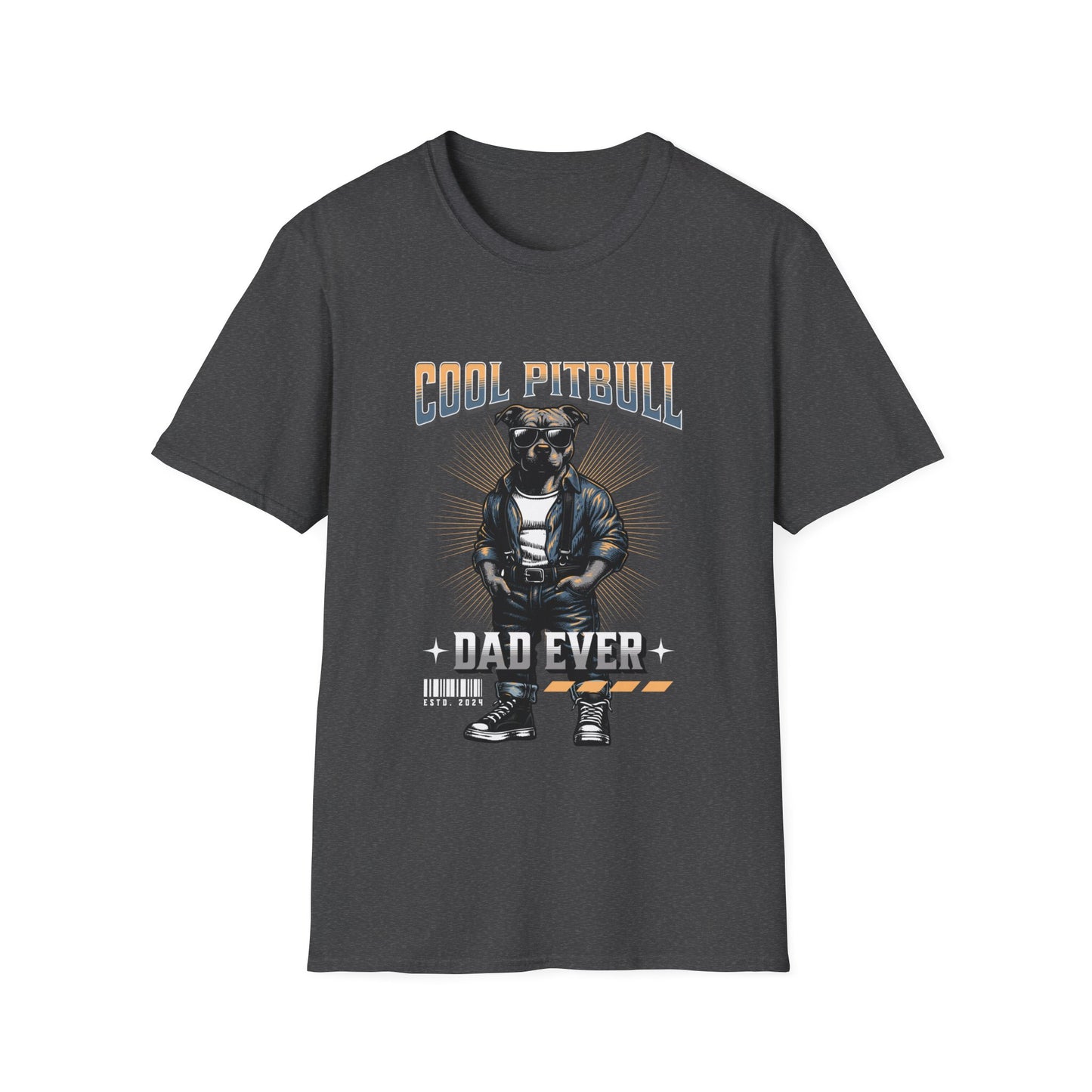 A heather grey t-shirt with a graphic print of a Pitbull wearing a suit and the text 'COOL PITBULL DAD EVER' on it.