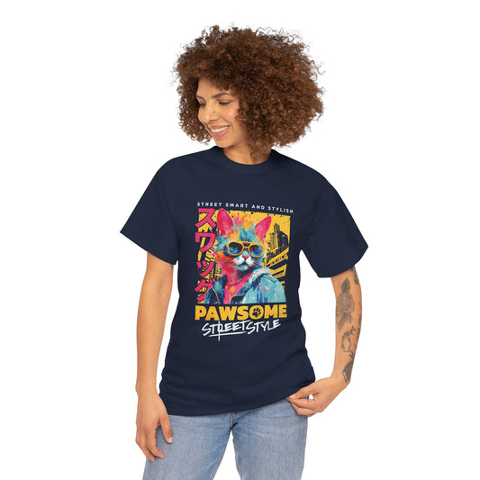 Woman wearing a navy blue t-shirt with a colorful cat graphic and text on a white background