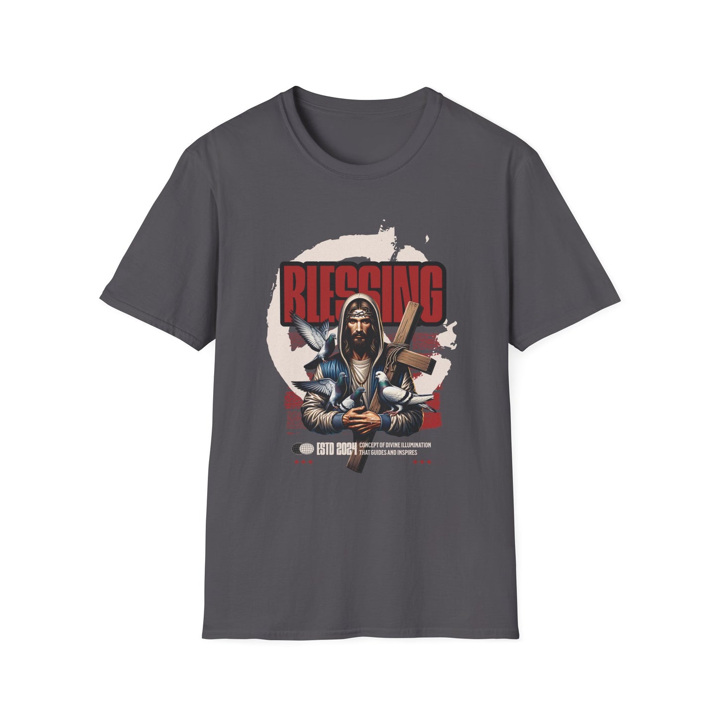 Jesus with a cross 'Blessing' text on a grey t-shirt