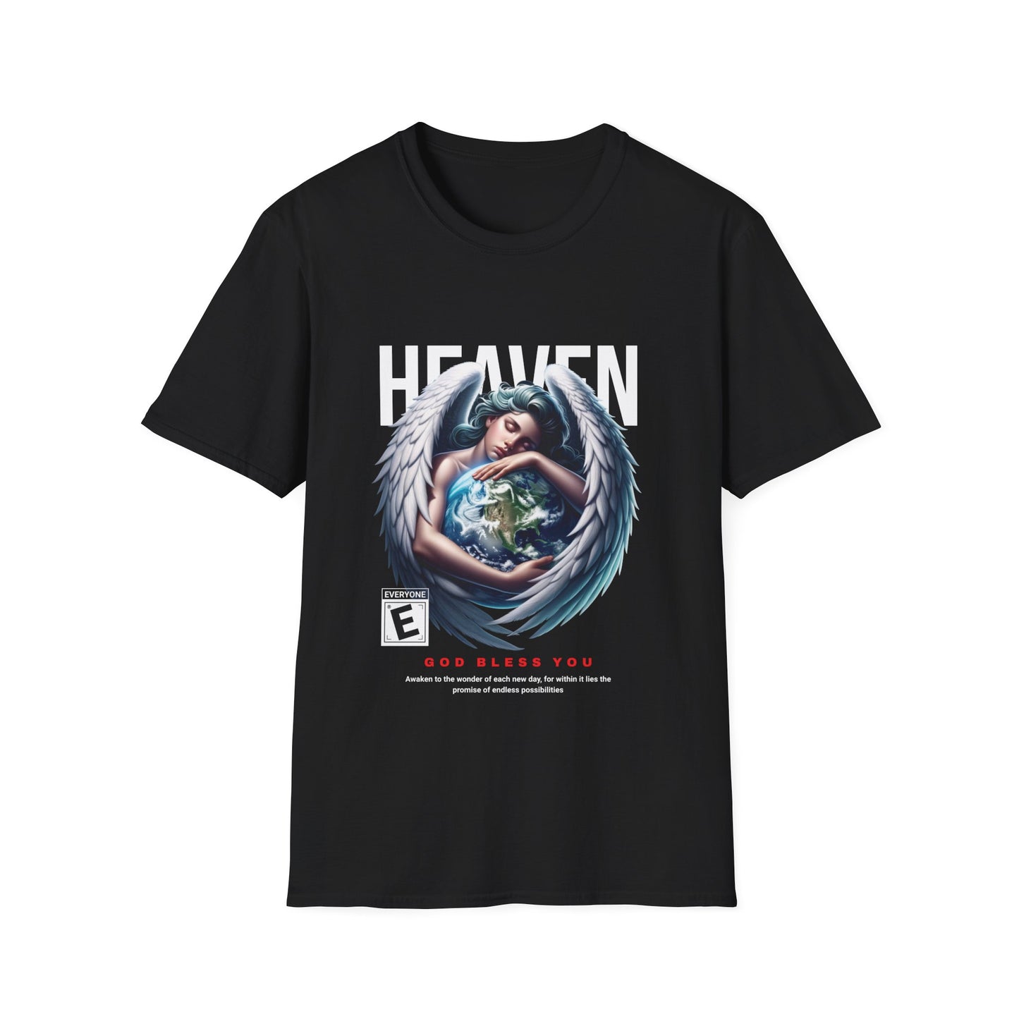Black t-shirt with a graphic print of an angel and the word 'HEAVEN' on the front.