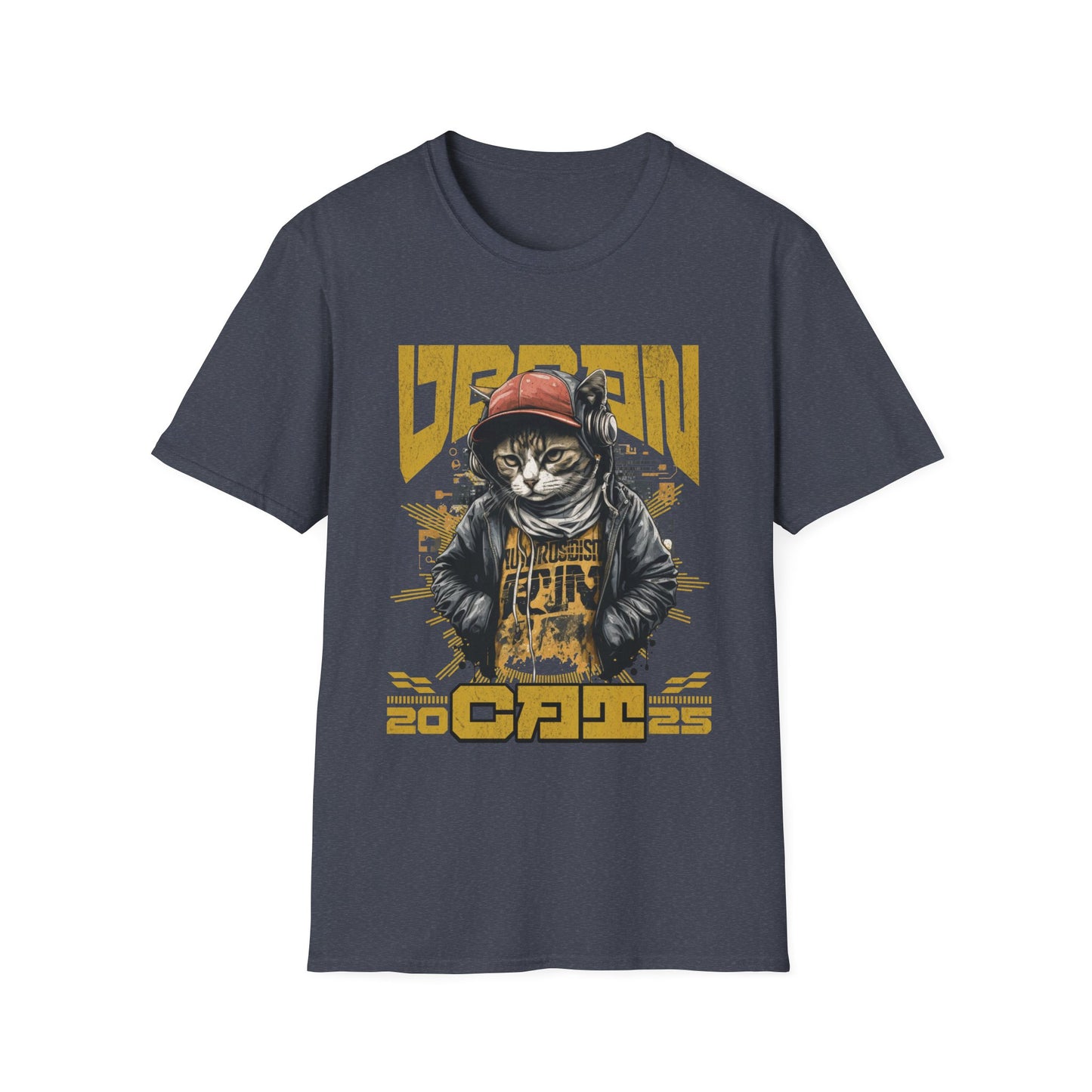 A heather navy grey t-shirt with a grunge Hip Hop style cat graphic and 'Urban Cat' text.