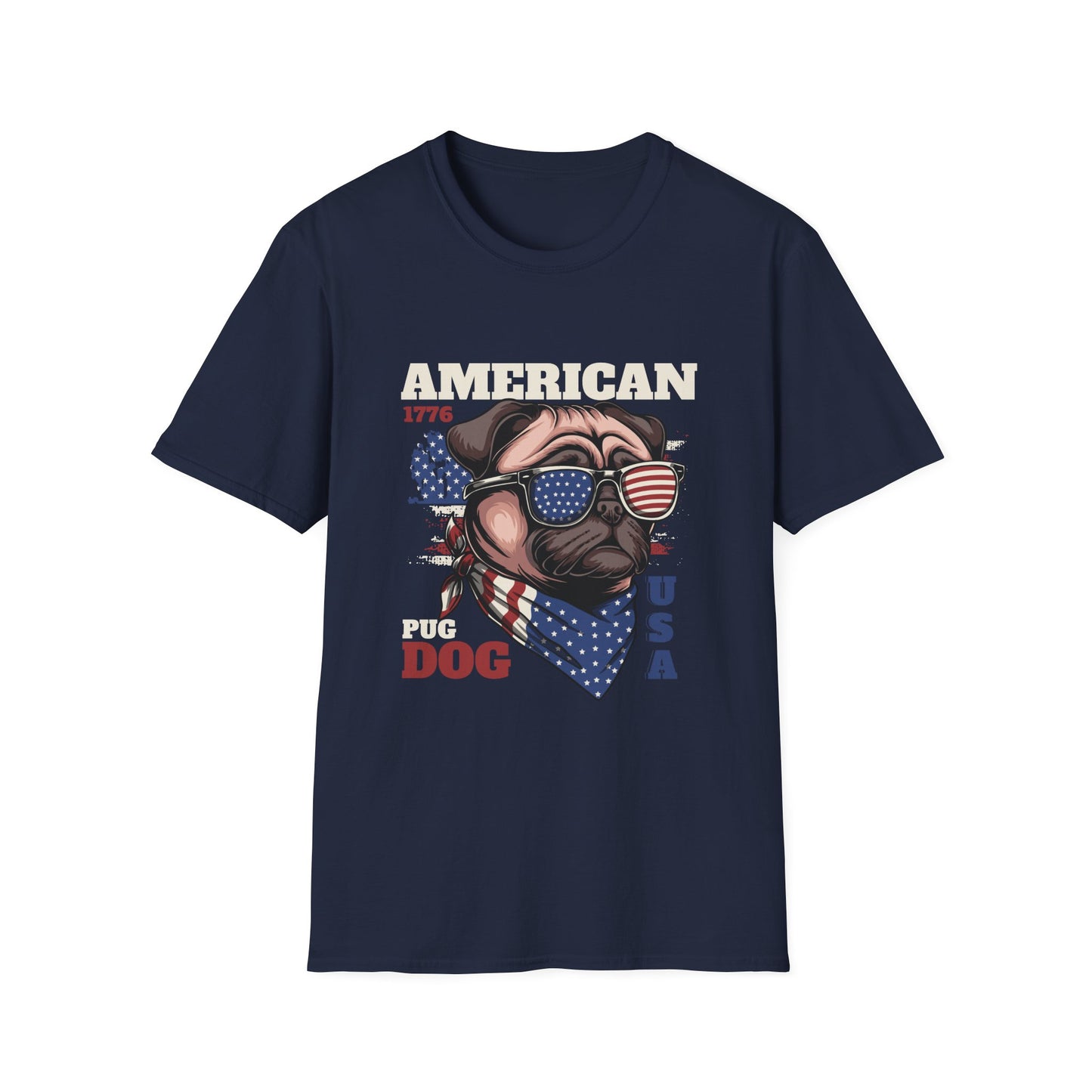 Navy blue t-shirt with a Pug Dog graphic wearing a red, white, and blue American flag kerchief and sunglasses and text that reads 'American'.