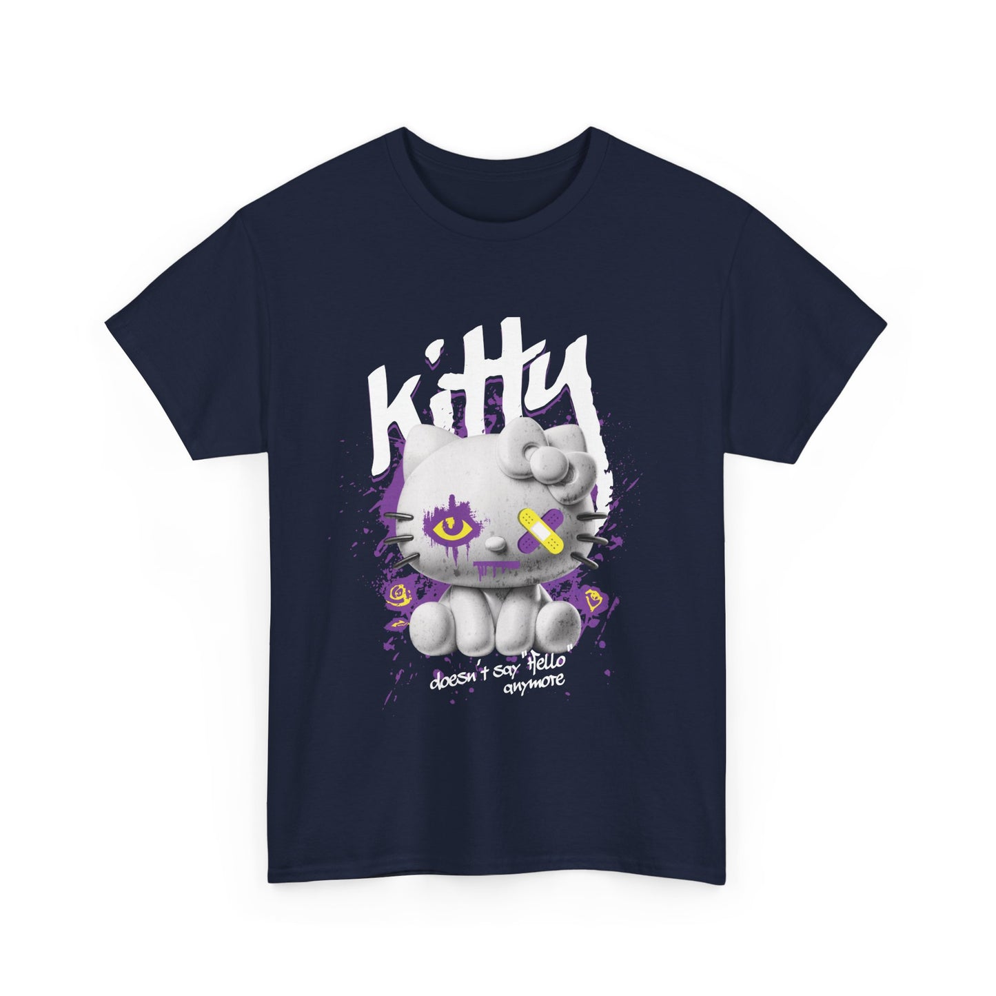 A navy blue graphic t-shirt with a cartoon image of a cat character named 'Kitty' with a bold text label above it.