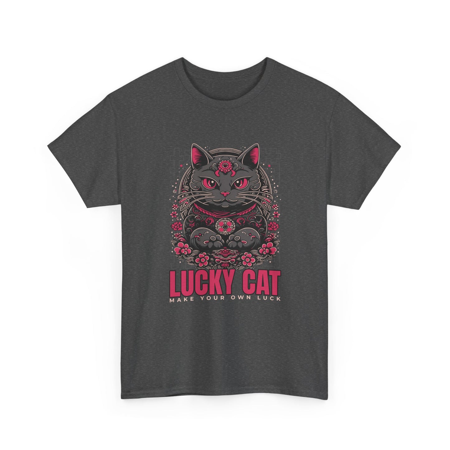 A dark heather t-shirt with a Japanese Meneki-neko cat graphic and the text 'Lucky Cat' on a white background.