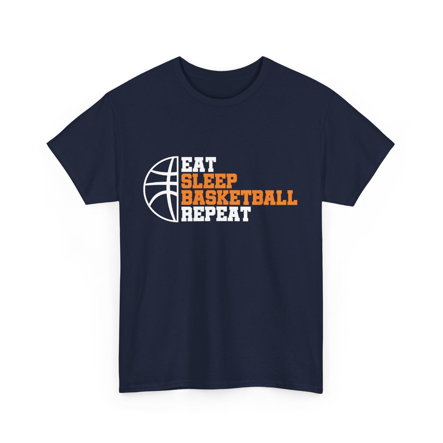 A navy blue t-shirt with the text 'EAT SLEEP BASKETBALL REPEAT' printed on the front, featuring a graphic of a basketball .