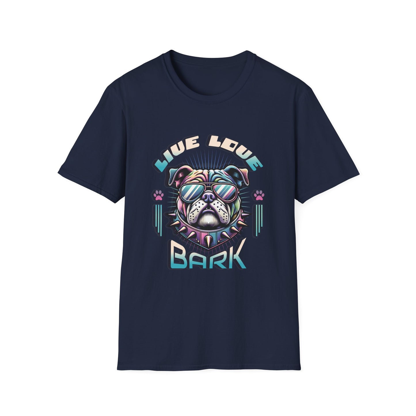 navy t-shirt with bulldog graphic "Live, Love, Bark" text.