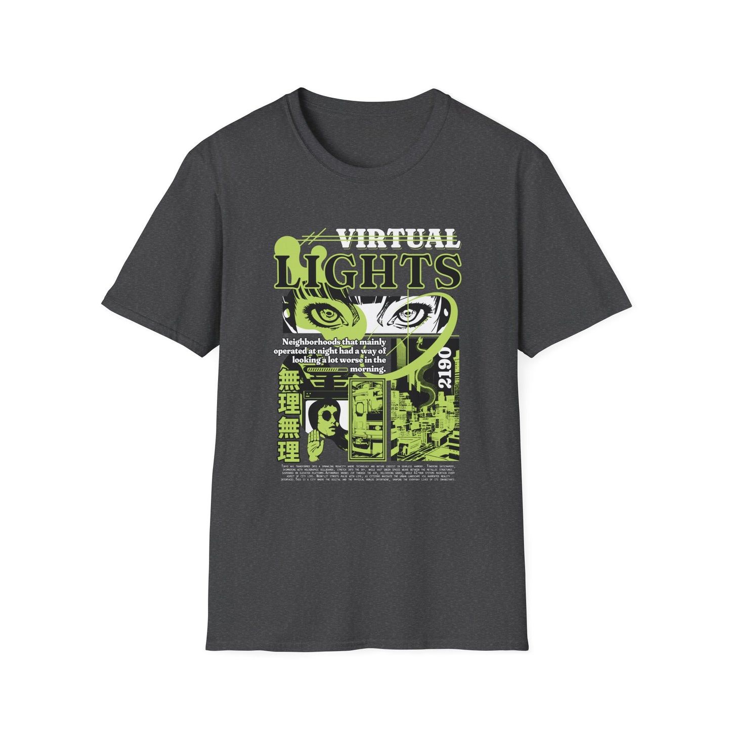 Grey t-shirt featuring neon dystopian graphics and "Virtual Lights" text.