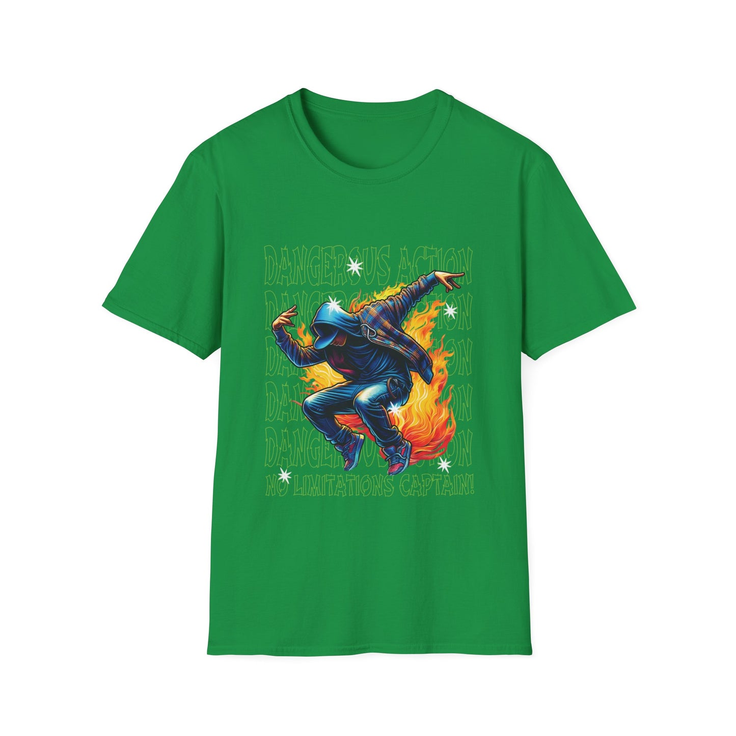 Men's Irish green graphic t-shirt with a printed design featuring a stylized character and text related to hip hop music.