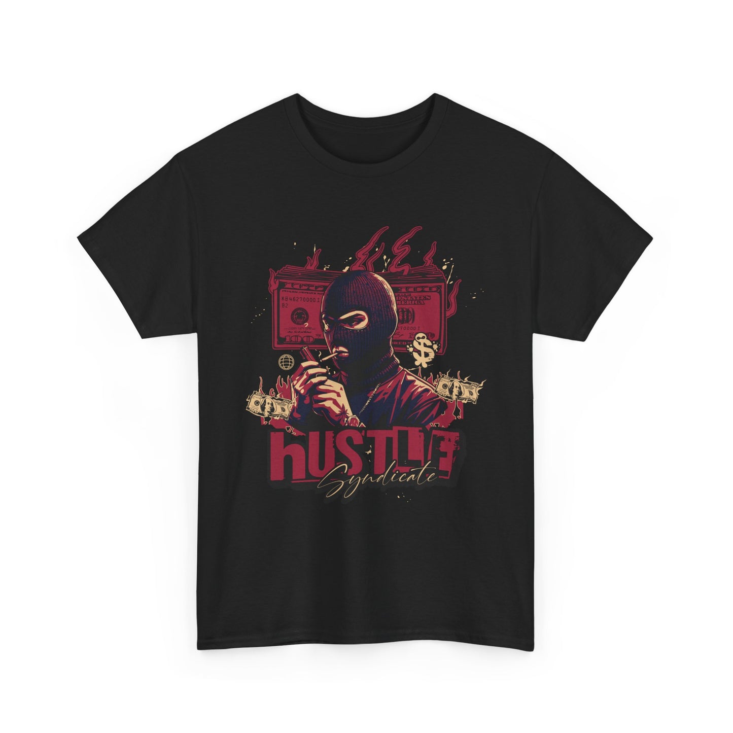 A black crew neck t-shirt with a graphic print of a person in a mask and the text 'HUSTLE' above it.