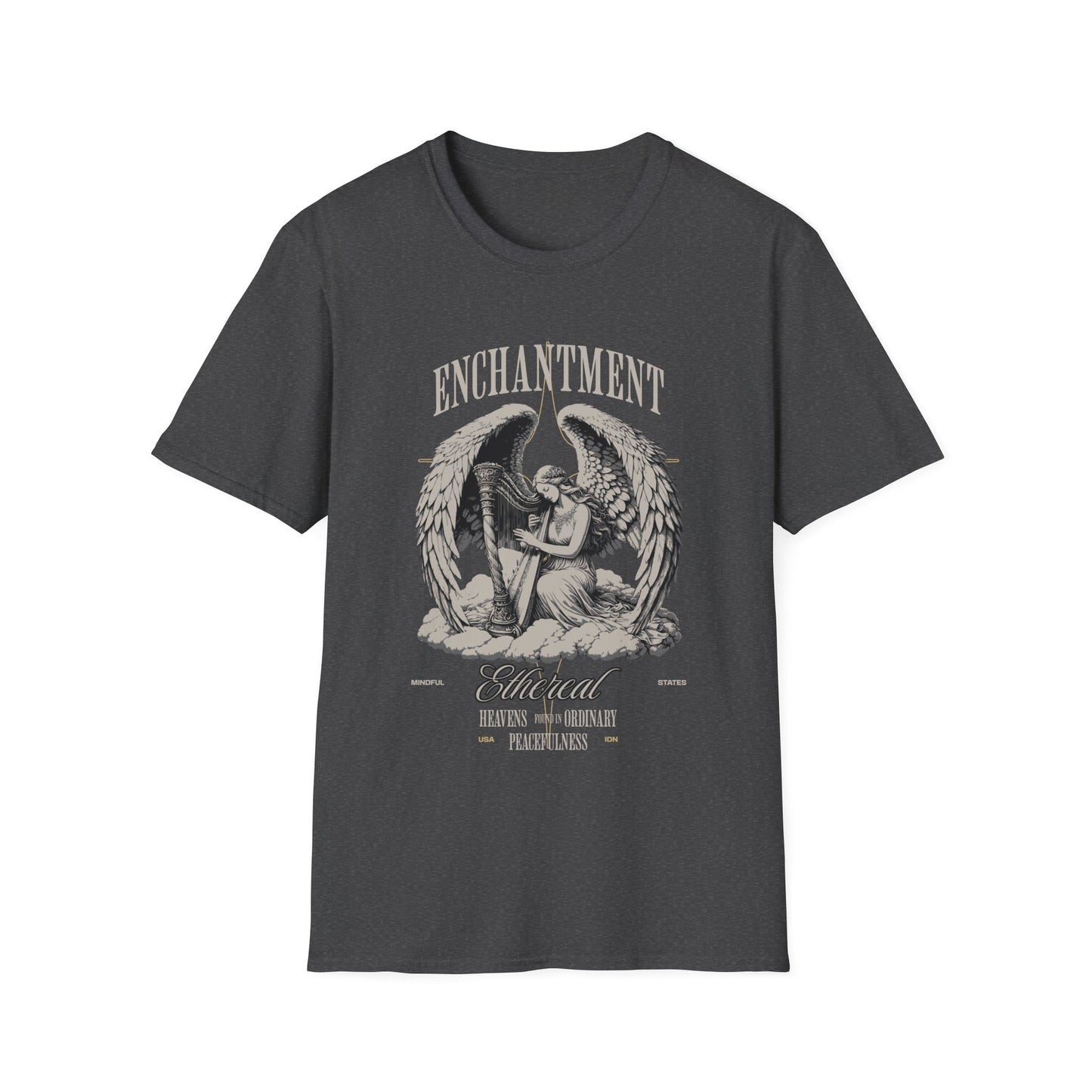 A dark grey unisex t-shirt with a graphic print of an angel on the front, with the words 'Enchantment' .