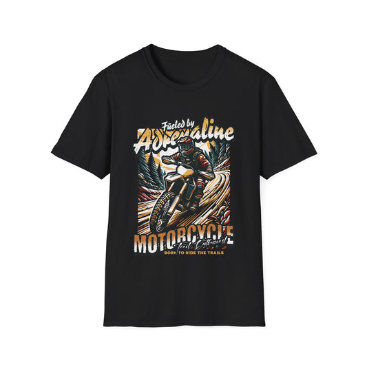 Black t-shirt with a dirt bike motorcycle graphic and text 'Adrenaline'.