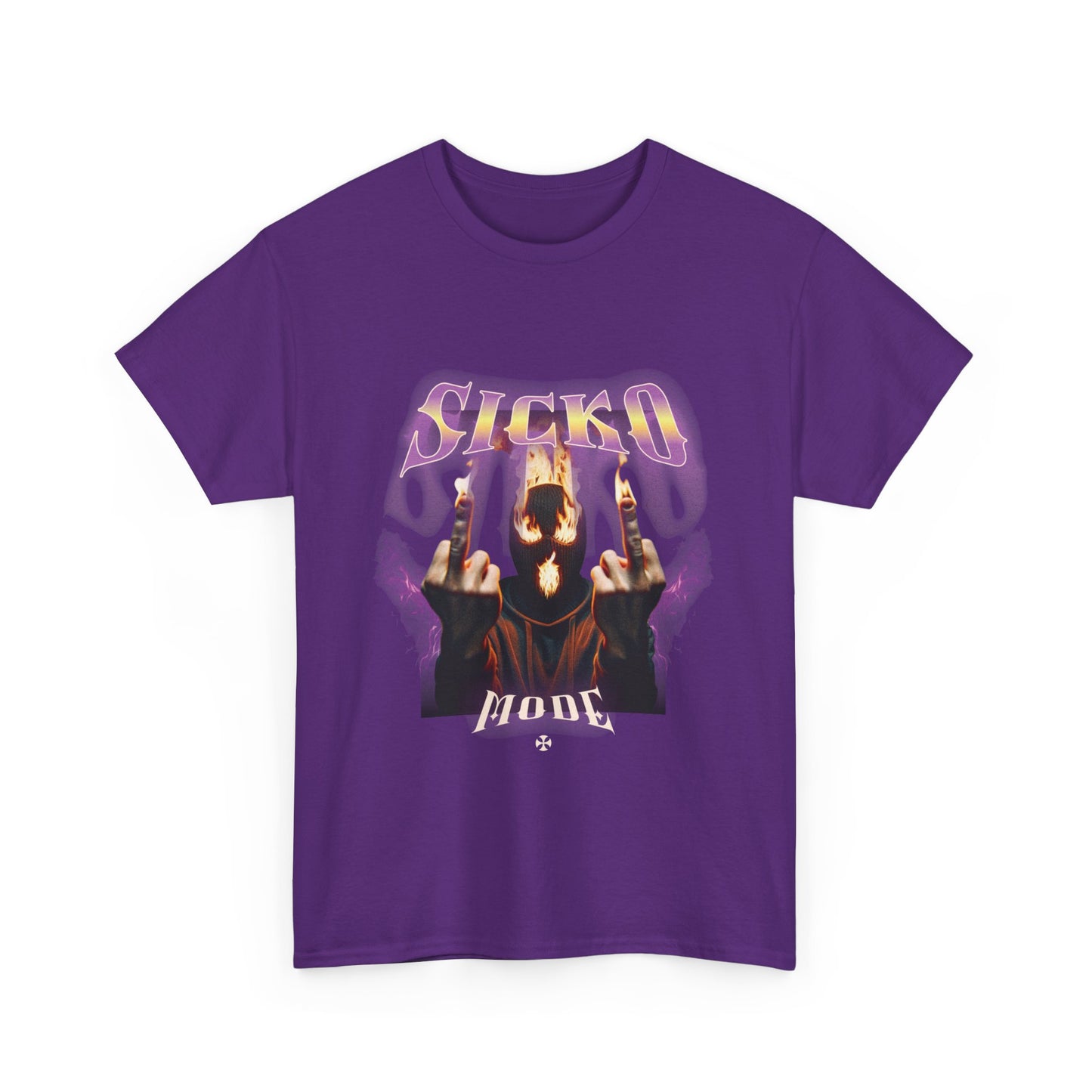A purple t-shirt with a graphic print that includes the text 'Sicko Mode' and a masked person making a gesture.