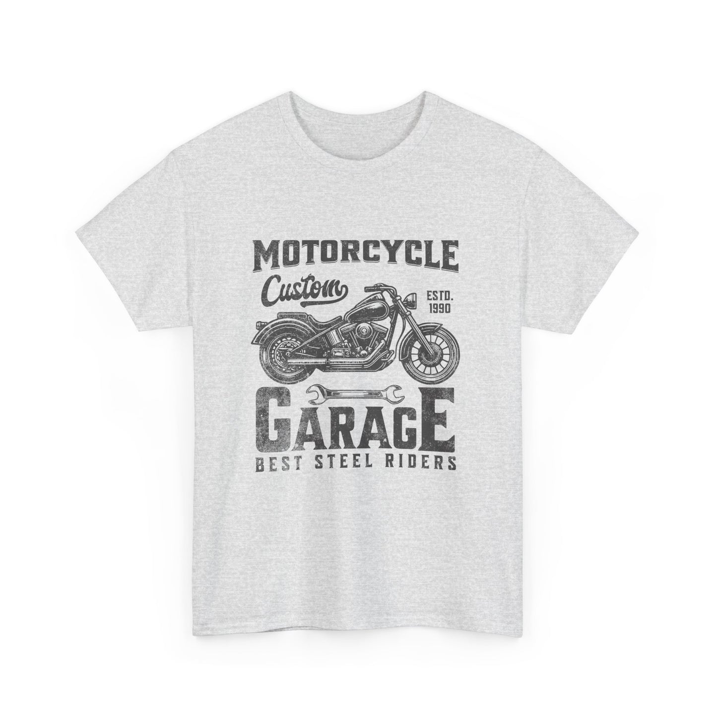 sport grey t-shirt with a motorcycle graphic that says 'Motorcycle Garage'