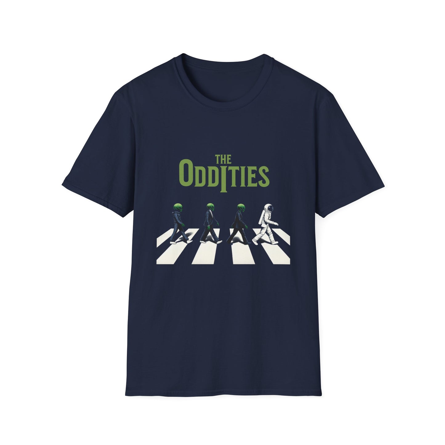 A navy blue graphic tee featuring a design with aliens and a spaceman crossing a road, with 'The Oddities' text above.