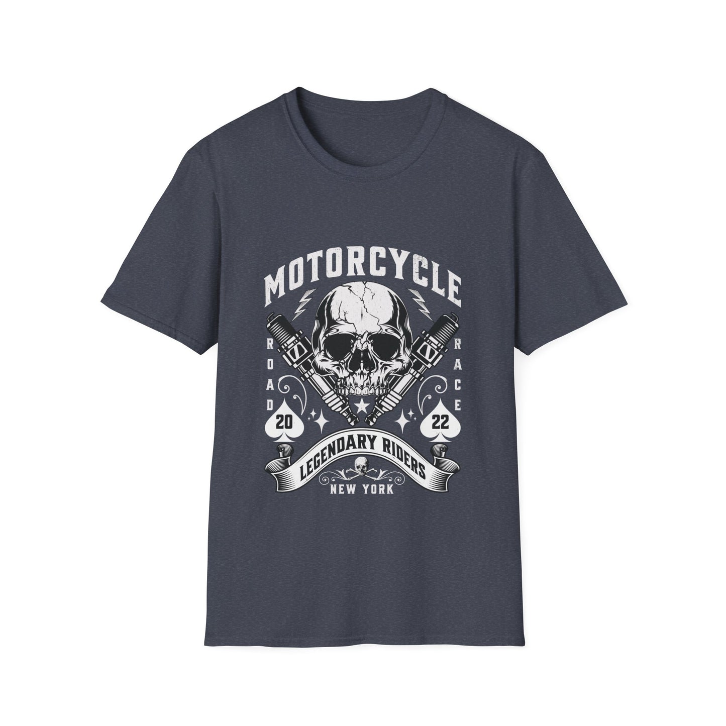 A navy blue graphic tee with a vintage biker-themed design, featuring a skull, spark plugs, playing cards, and the text 'MOTORCYCLE LEGENDARY RIDERS NEW YORK'.