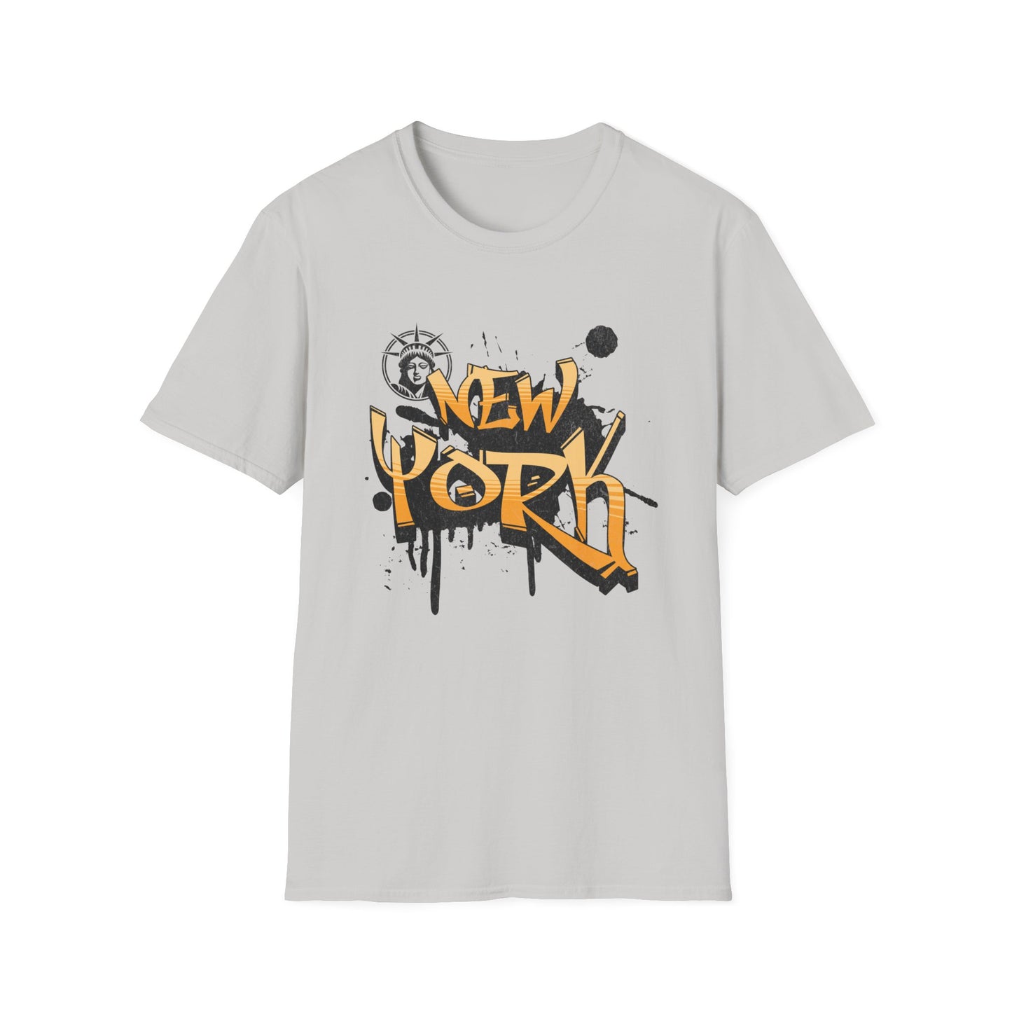 An ice gray t-shirt with a graphic print of the word 'NEW YORK' in stylized graffiti font, featuring a splash of orange and black.