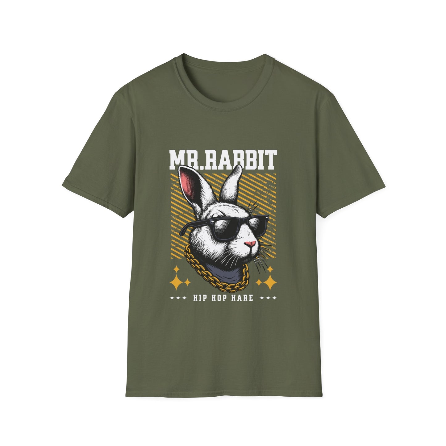 Hip hop rabbit graphic on a military green t-shirt.