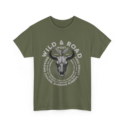 A green t-shirt with a front graphic that reads 'Wild & Road' and features a bull skull design, indicating a rugged, adventurous theme.