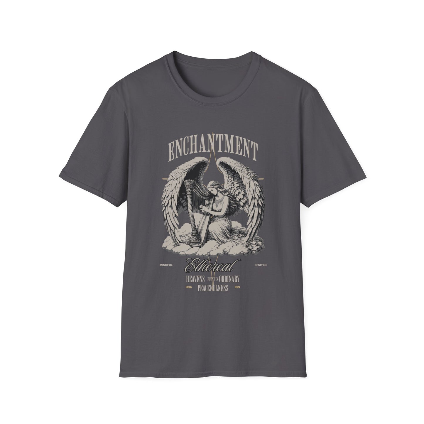 A gray unisex t-shirt with a graphic print of an angel on the front, with the words 'Enchantment' .