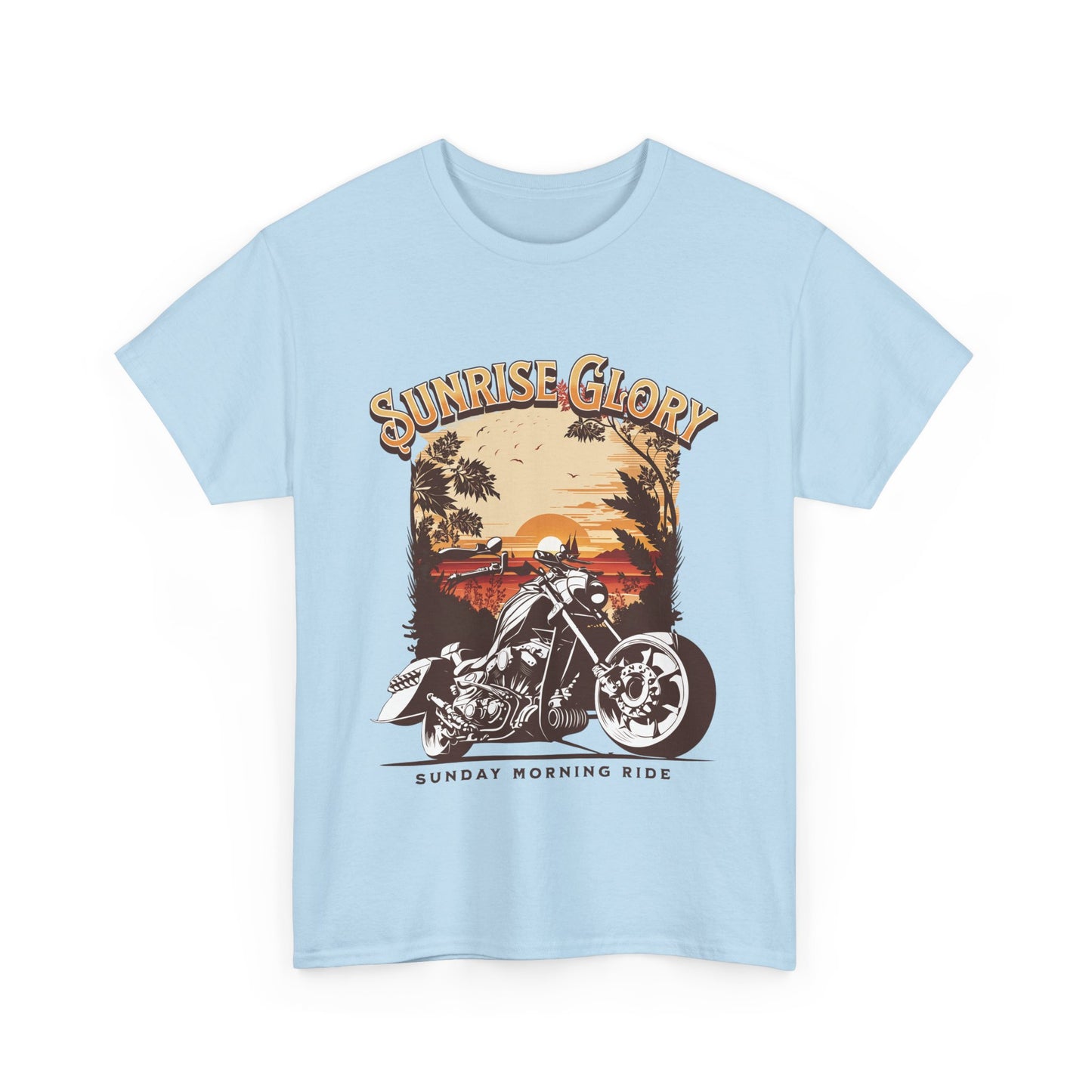 A light blue t-shirt with a motorcycle graphic and 'Sunrise Glory' text.