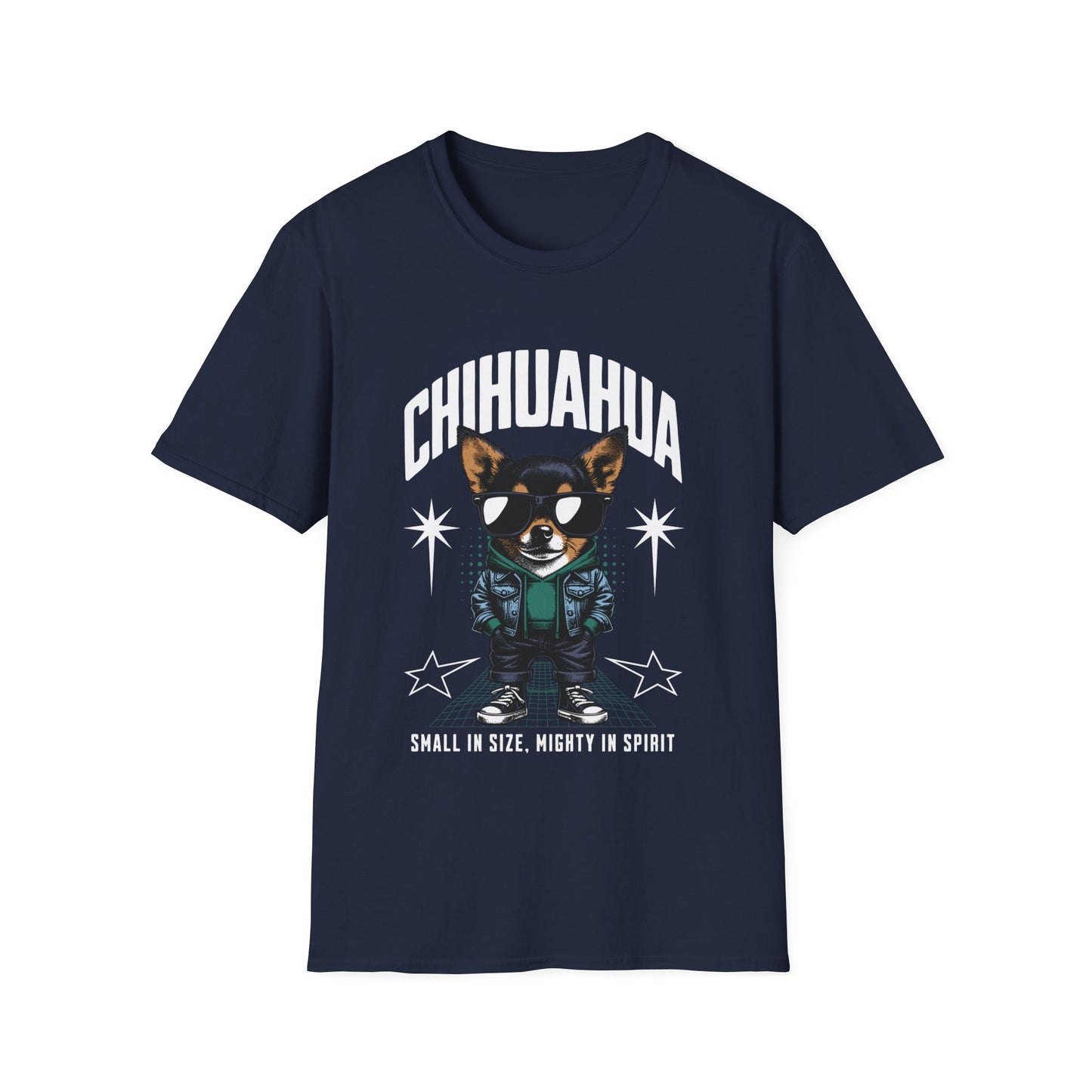 A navy blue graphic t-shirt featuring an illustration of a chihuahua dog with the text 'CHIHUAHUA' and star decorations.