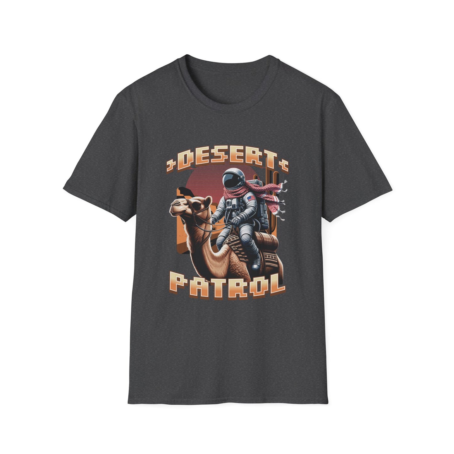 A dark grey graphic t-shirt featuring an astronaut riding a camel with the text 'DESERT PATROL' below it.