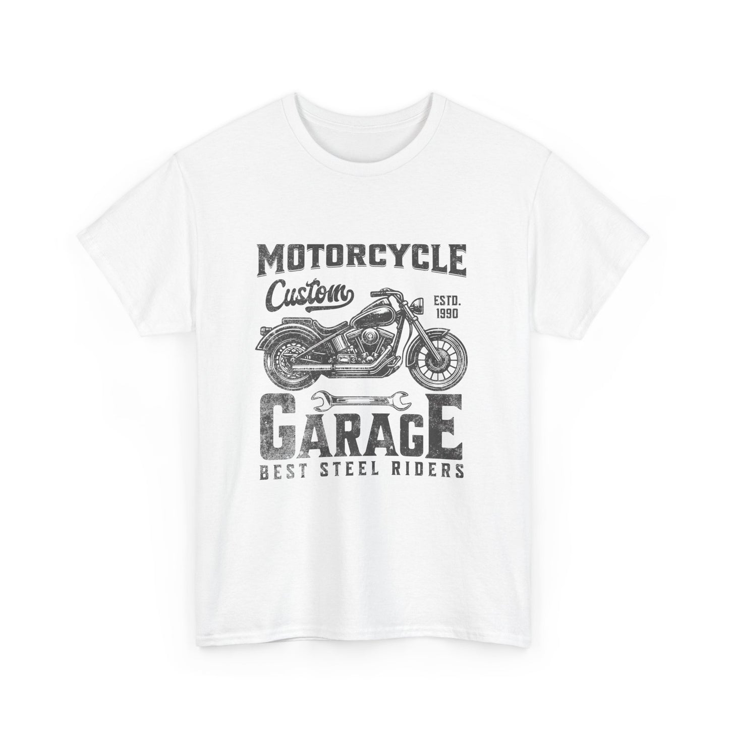 white t-shirt with a motorcycle graphic that says 'Motorcycle Garage'