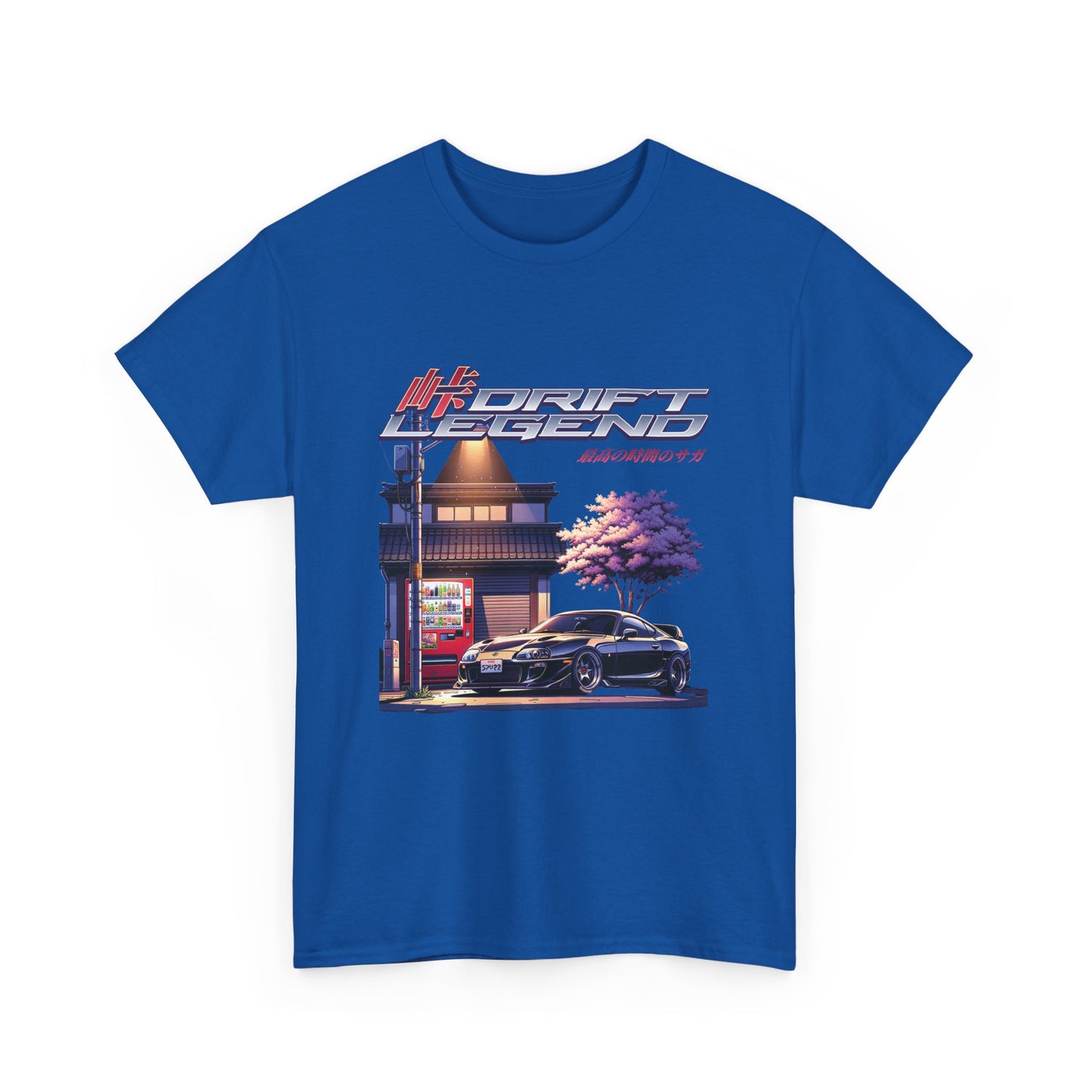 A royal blue t-shirt with a graphic print of a car on the front, titled 'Drift Legend' along with the word 'RACING' and 'TOKYO'.