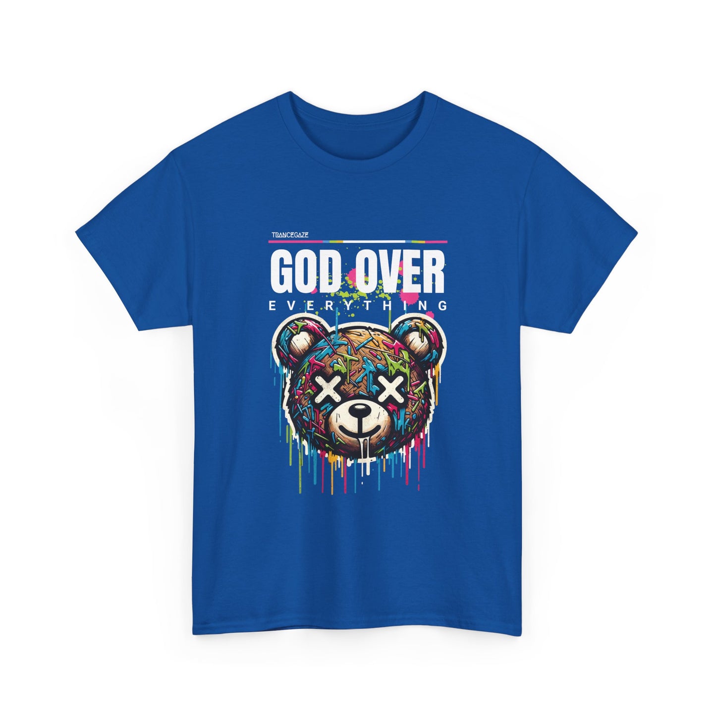 A royal blue t-shirt with a colorful graphic of a bear and the text 'GOD OVER EVERYTHING' on the front.