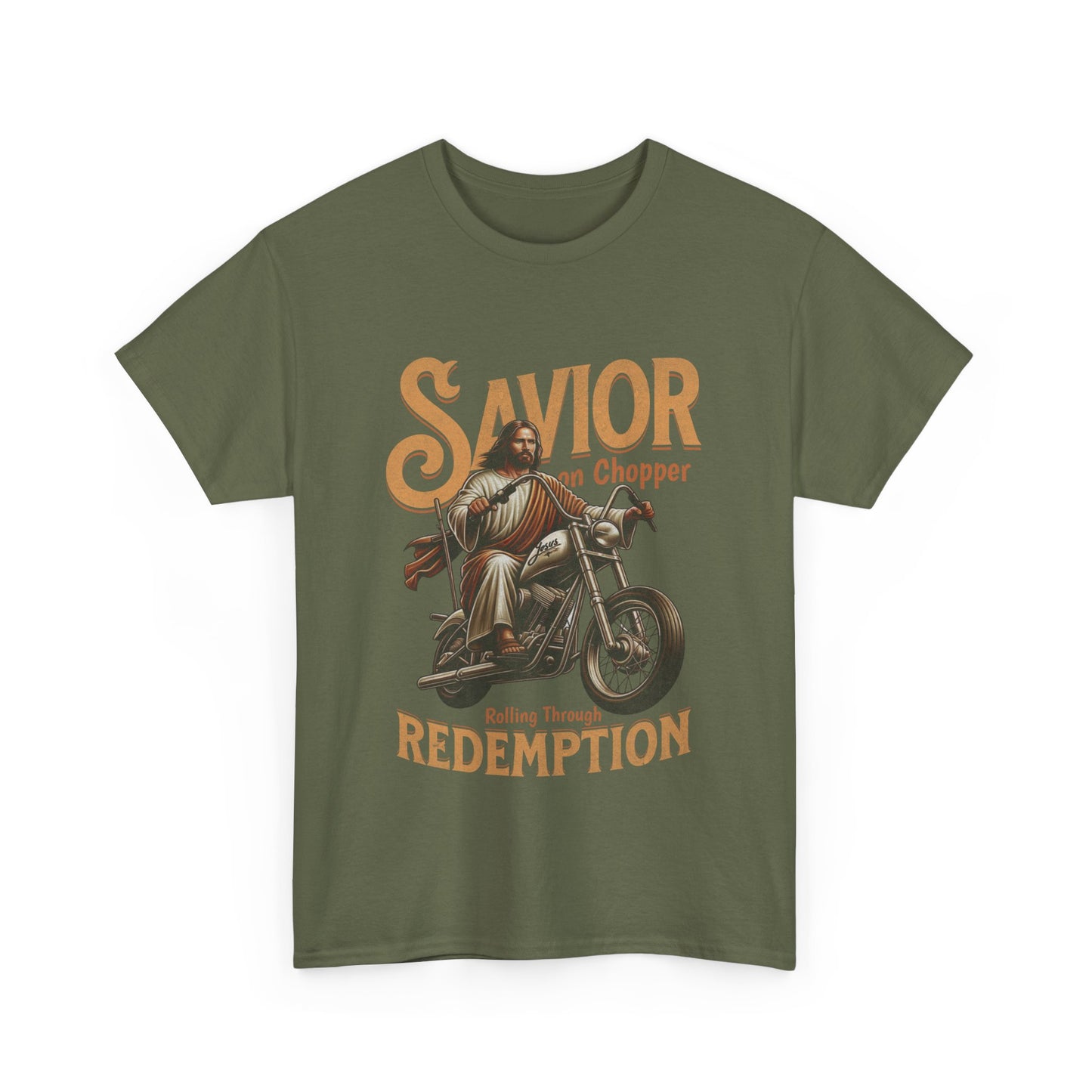 A khaki green colored t-shirt with the graphic of Jesus riding a motorcycle and the text 'Savior' and 'REDEMPTION' on it.