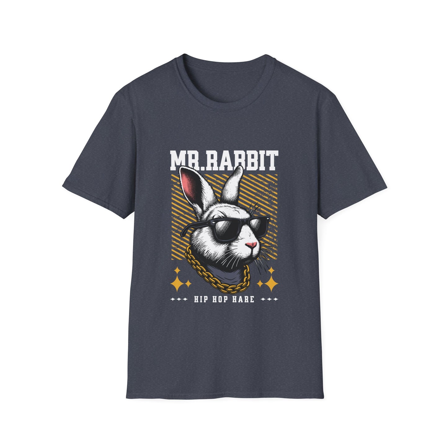 Hip hop rabbit graphic on a heather navy t-shirt.
