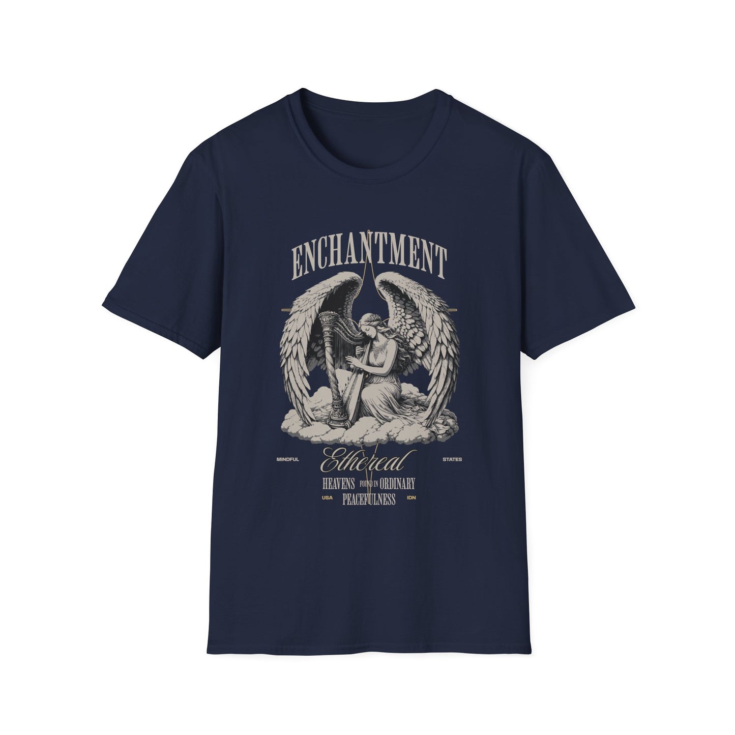 A navy blue unisex t-shirt with a graphic print of an angel on the front, with the words 'Enchantment' .