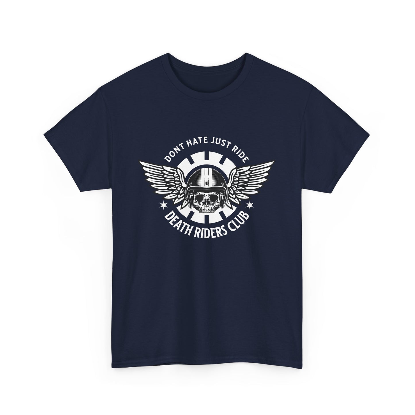 A navy blue t-shirt with a skull with wings logo, and the text 'Death Riders Club' printed on the front.
