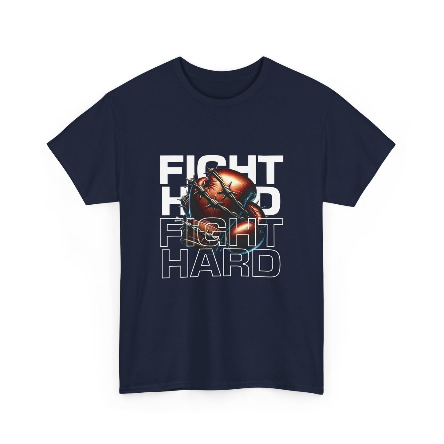 A navy Gildan cotton t-shirt with the text 'Fight Hard' and a graphic of a boxing glove and heart.