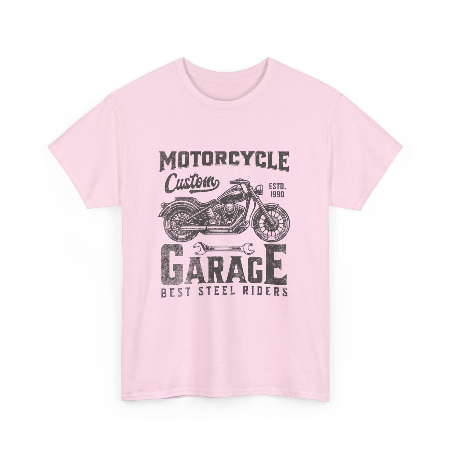 Pink t-shirt with a motorcycle graphic that says 'Motorcycle Garage'