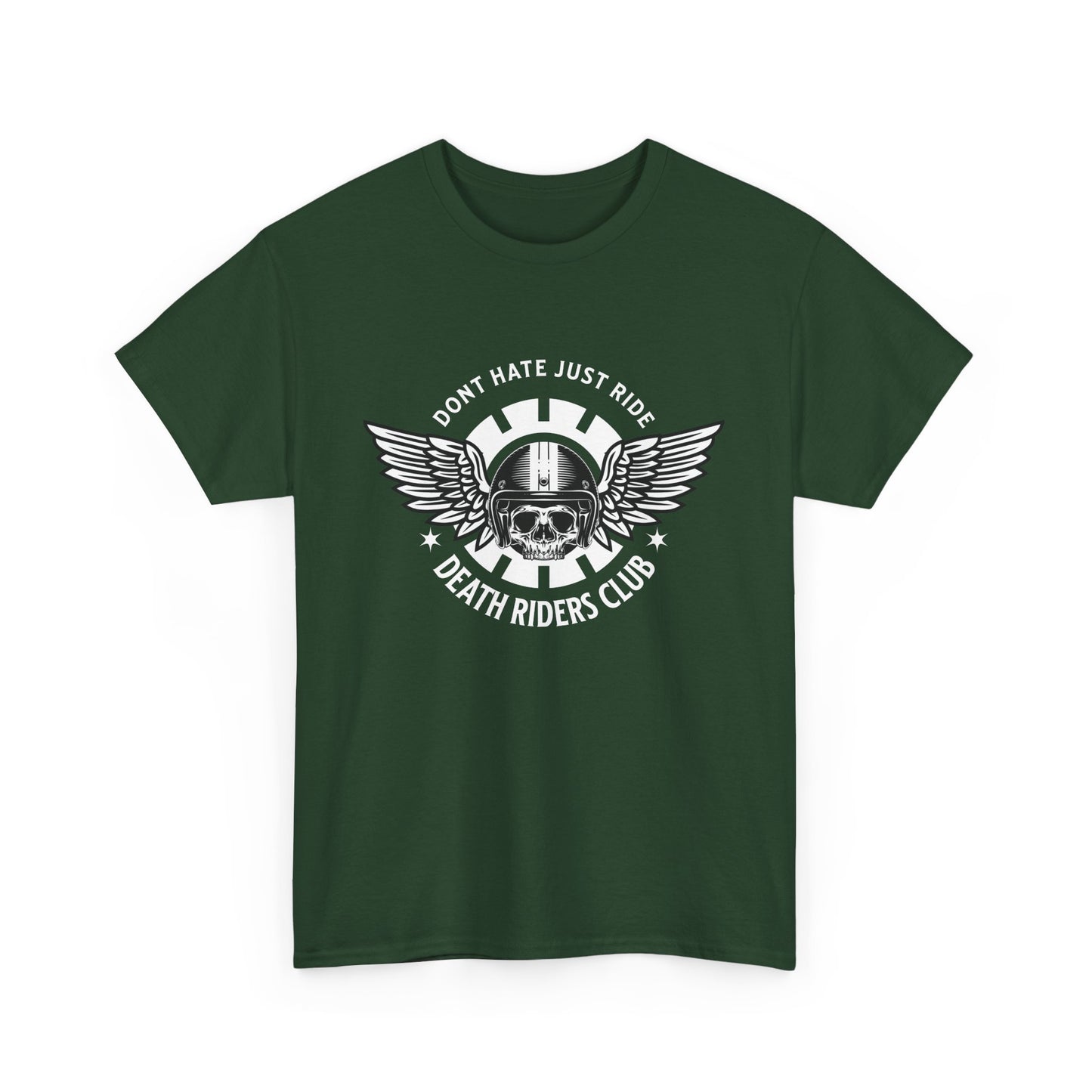 A green t-shirt with a skull with wings logo, and the text 'Death Riders Club' printed on the front.