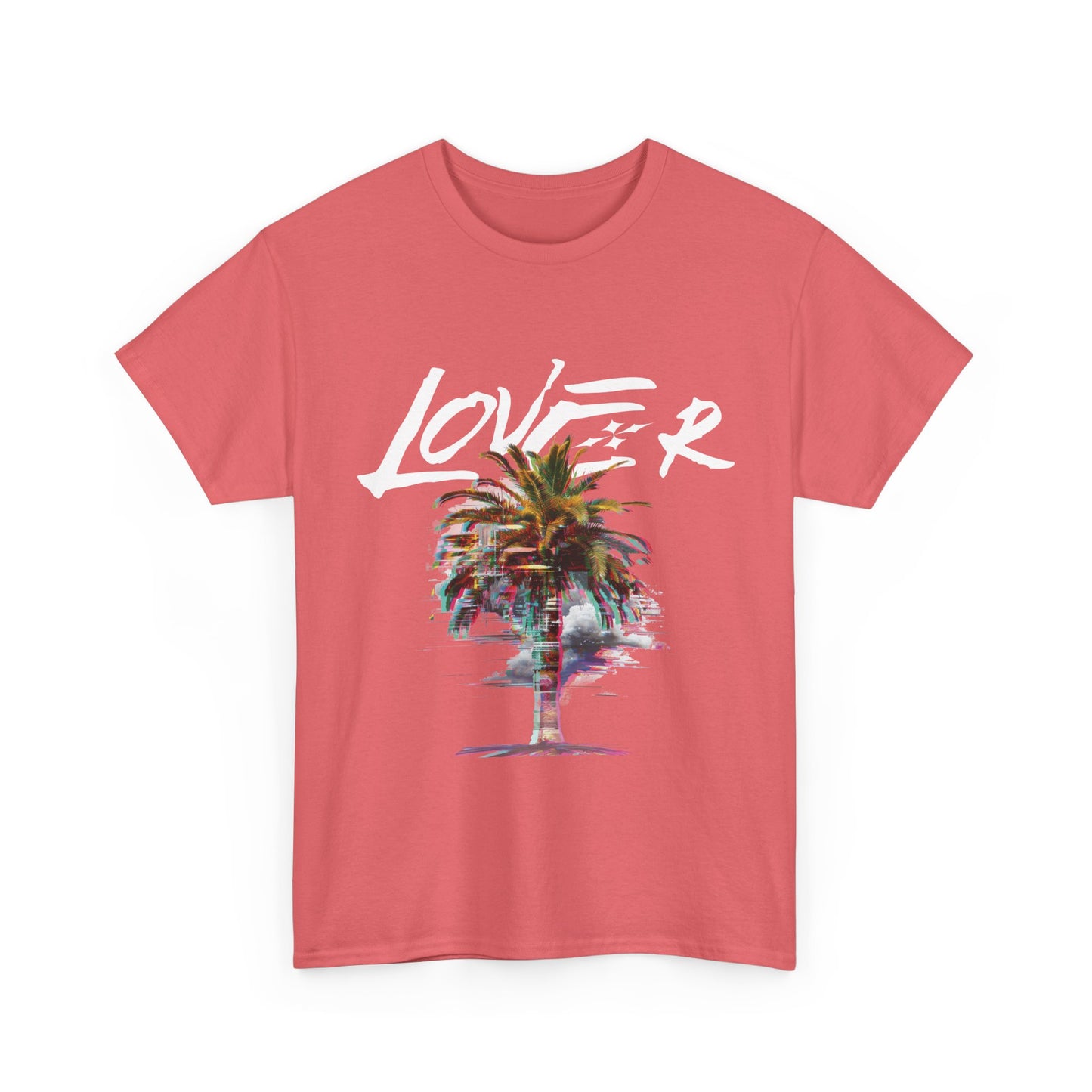 A coral t-shirt with a glitch palm tree design and the word 'lover' prominently displayed.