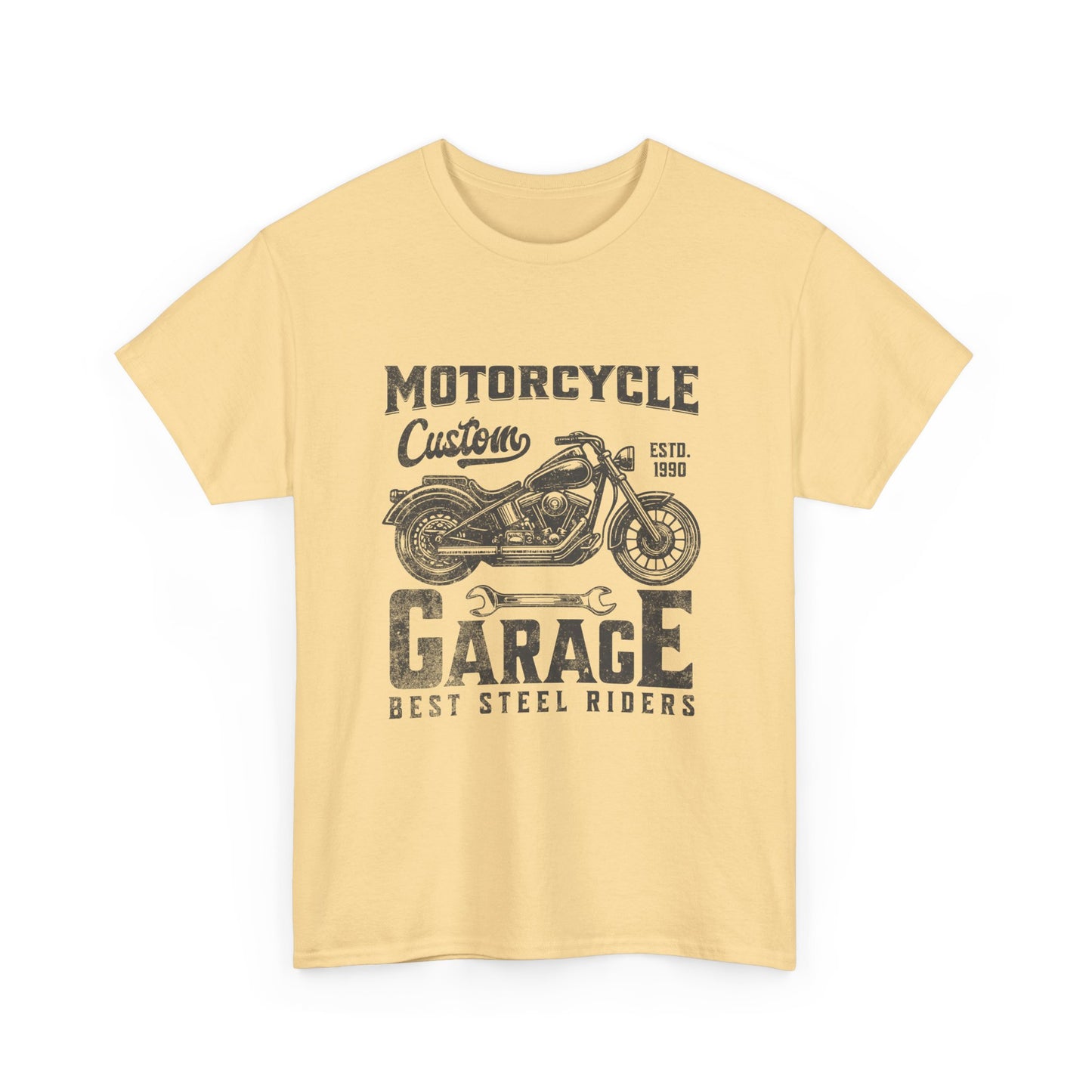 yellow t-shirt with a motorcycle graphic that says 'Motorcycle Garage'