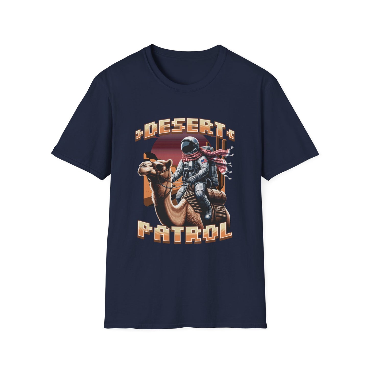 A navy blue graphic t-shirt featuring an astronaut riding a camel with the text 'DESERT PATROL' below it.
