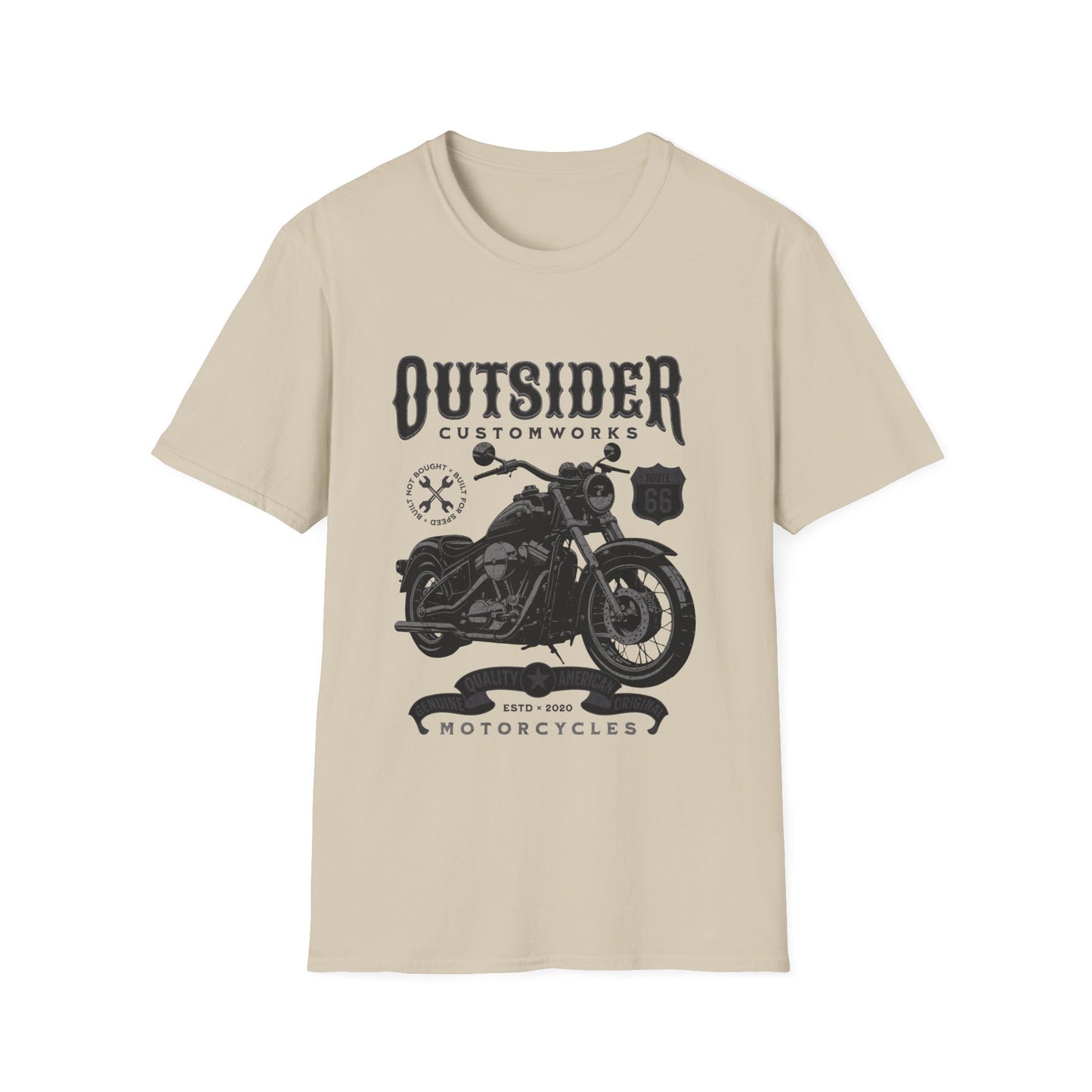 A tan t-shirt with a motorcycle graphic and text that reads "Outsider Custom Works"
