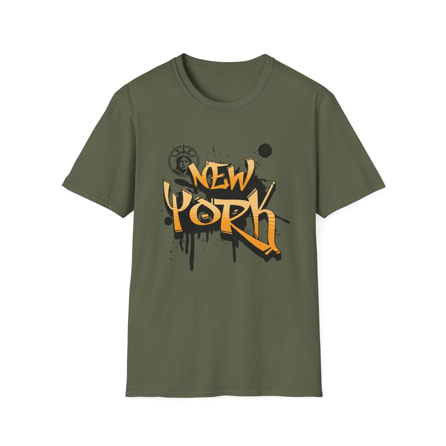 A military green t-shirt with the text 'NEW YORK' printed in a stylized font resembling graffiti, on a front that is facing the viewer.