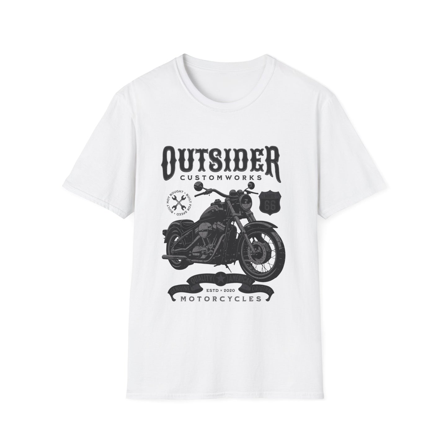 A white t-shirt with a motorcycle graphic and text that reads "Outsider Custom Works"