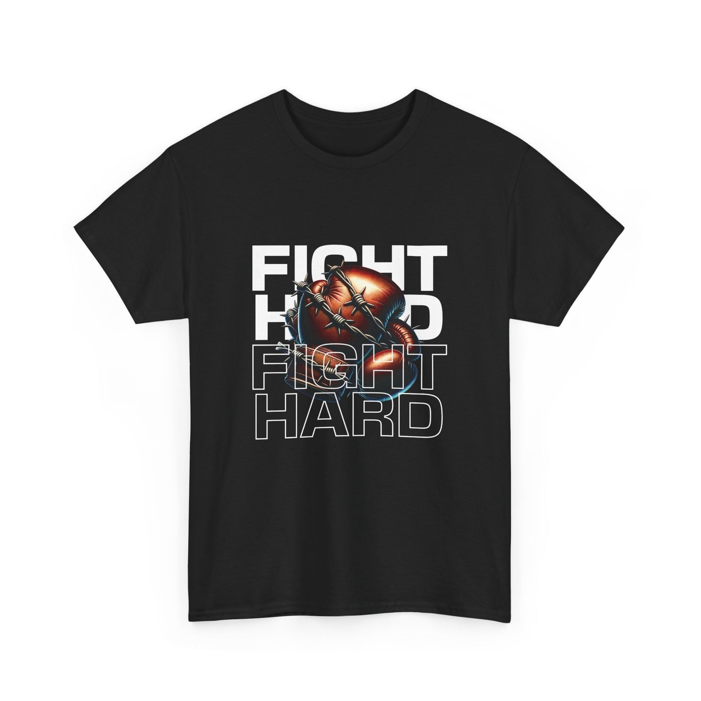 A black Gildan cotton t-shirt with the text 'Fight Hard' and a graphic of a boxing glove and heart.