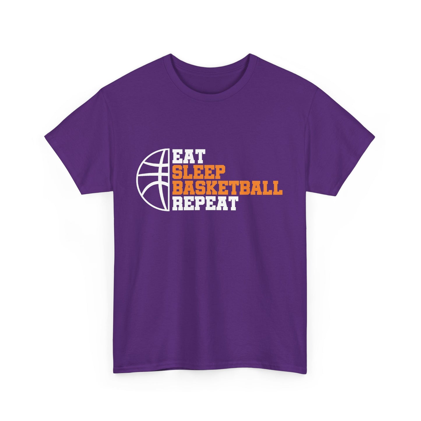 A purple t-shirt with the text 'EAT SLEEP BASKETBALL REPEAT' printed on the front.