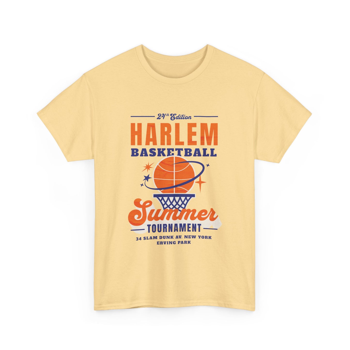 a yellow t-shirt with Harlem Basketball Summer Tournament design