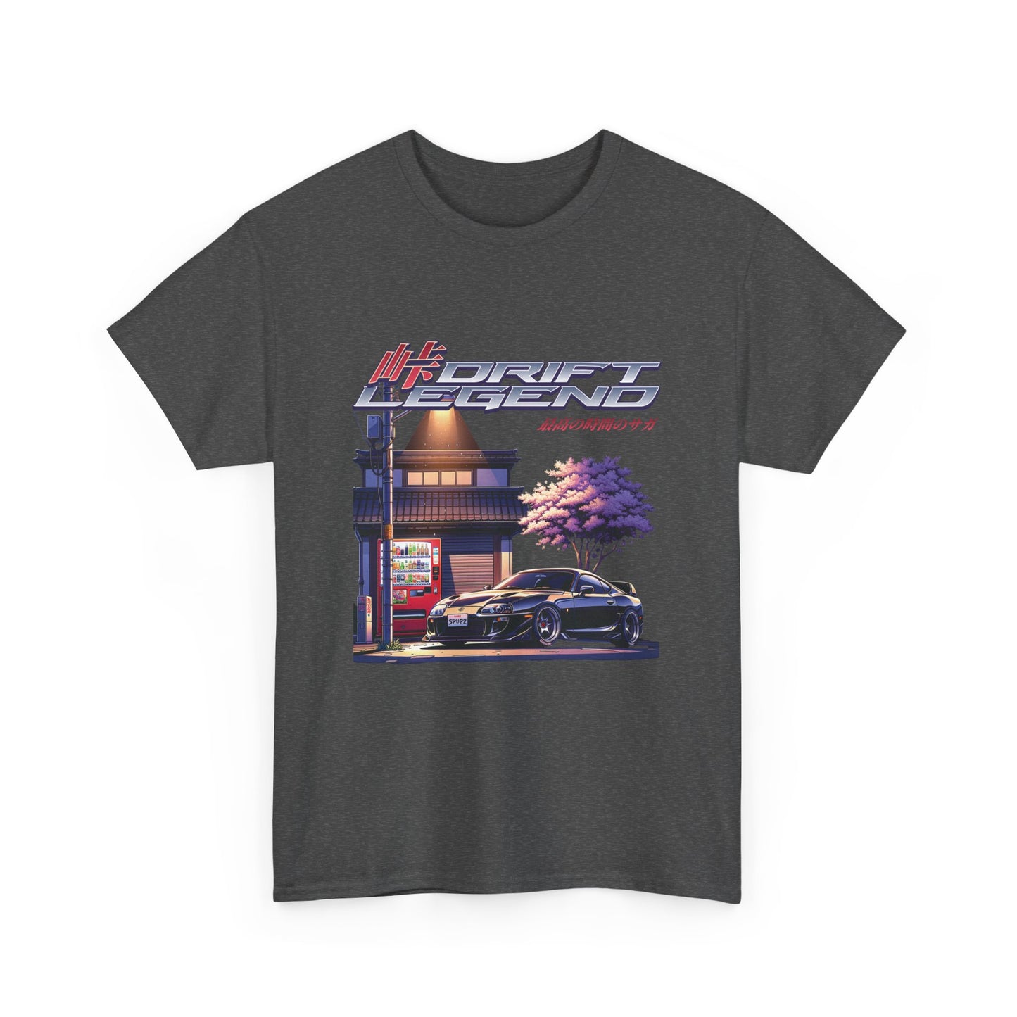 A gray t-shirt with a graphic print of a car on the front, titled 'Drift Legend' along with the word 'RACING' and 'TOKYO'.